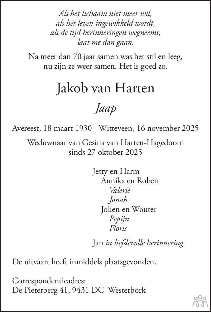 Rouwadvertentie Jaap van Harten